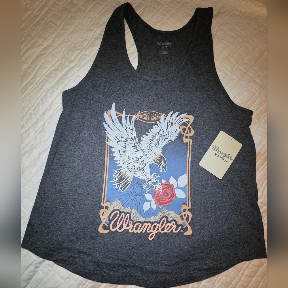 Wrangler Women's Charcoal Tank Top with Eagle and Rose Graphic